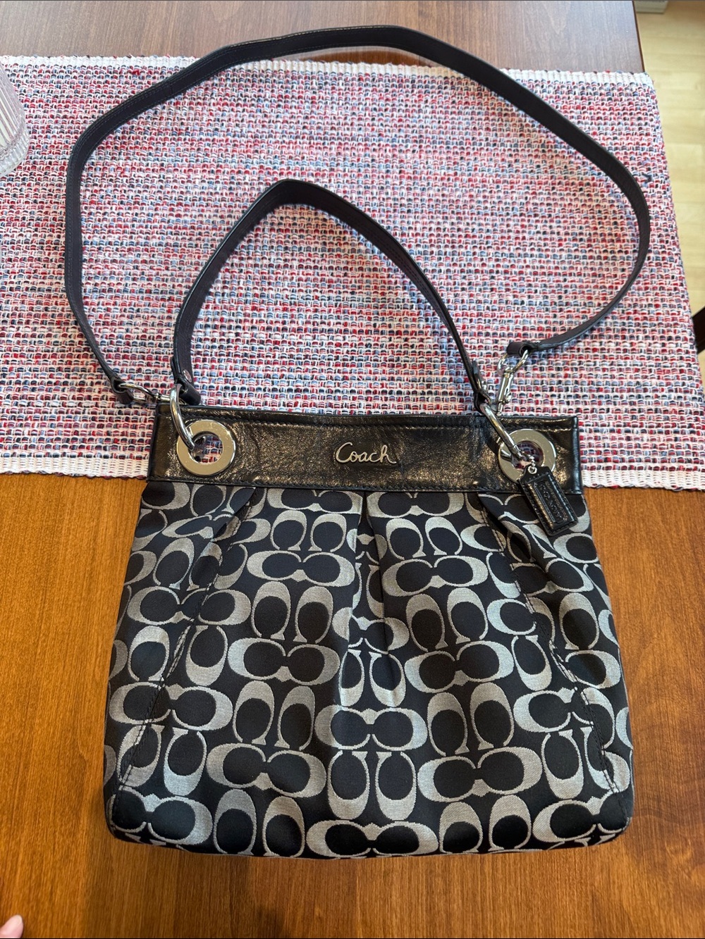 Coach Ashley Shouler Bag- with longer strap. Black fabric monogram C print